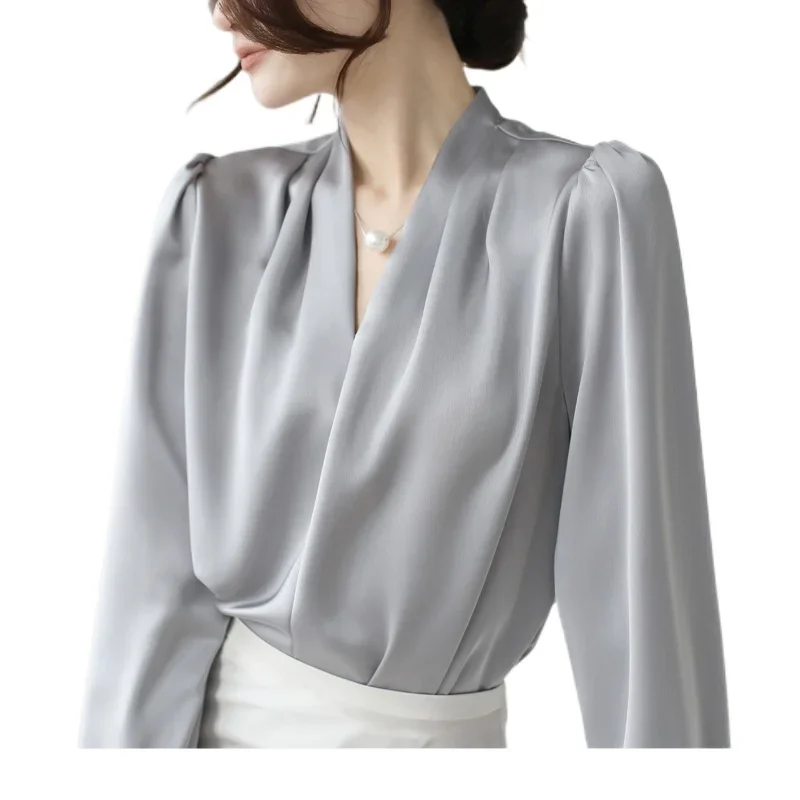 Fashion V-neck Women Blouses 2024 Spring Satin Solid Color Casual Tops Elegant Office Lady Long Sleeve Oversize Pullover Blouses