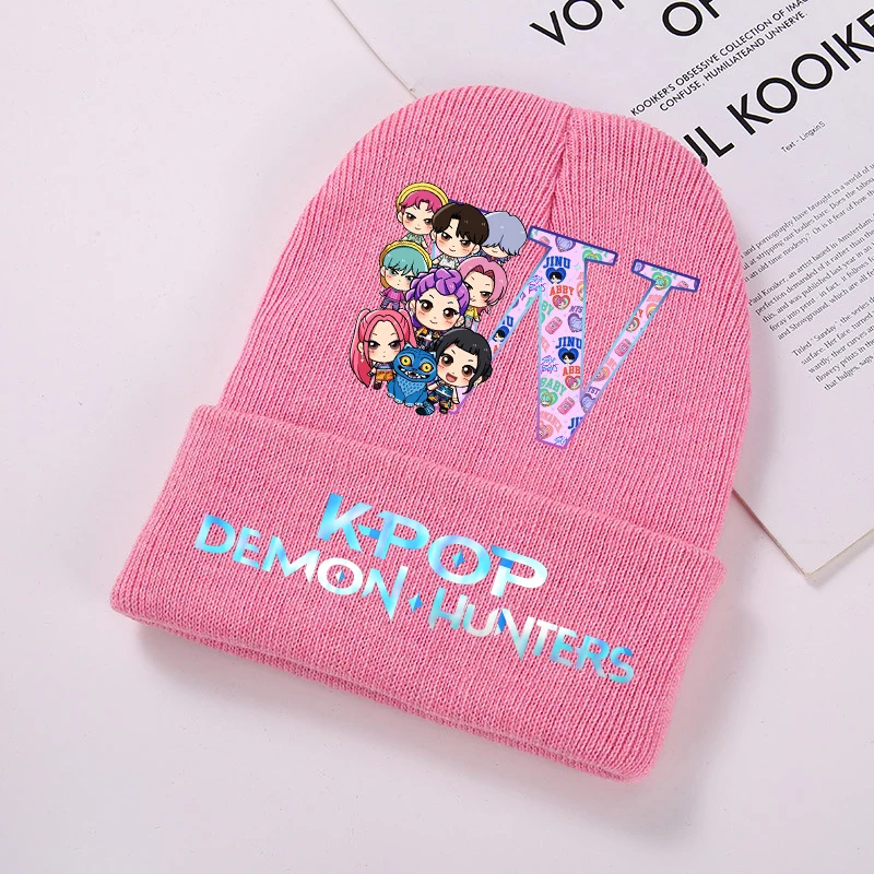 

KPop Demon Hunters Pink Knitted Hat Boy Girl Cartoon Anime 26 Letters Woolen Hats Autumn Winter Kid Outdoor Warmth Beanies Caps
