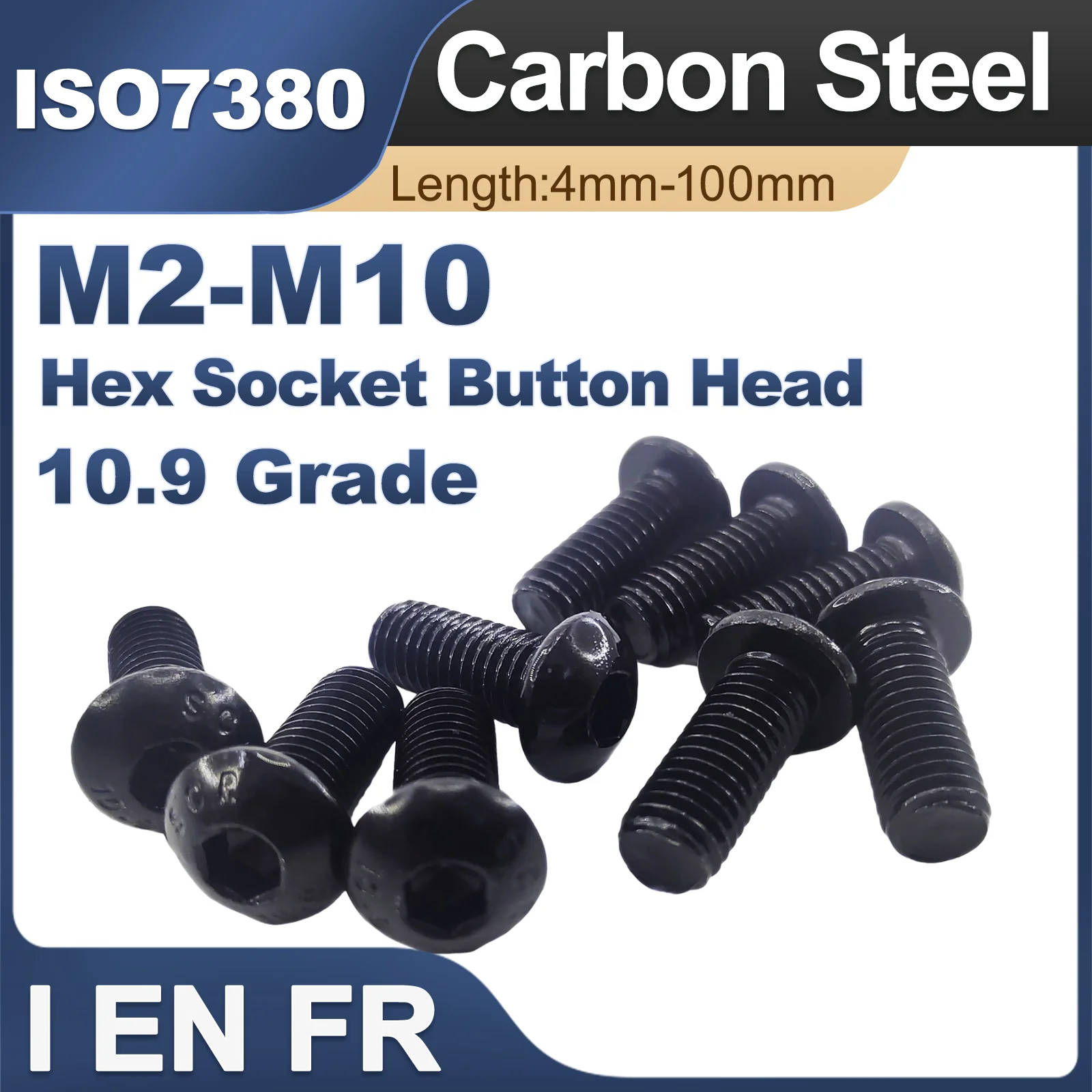 5/10/25/50x Black 10.9 Grade Steel M1.6 M2 M2.5 M3 M4 M5 M6 M8 ISO7380 Hex Hexagon Socket Button Round Head Screw Bolt L= 3-80mm