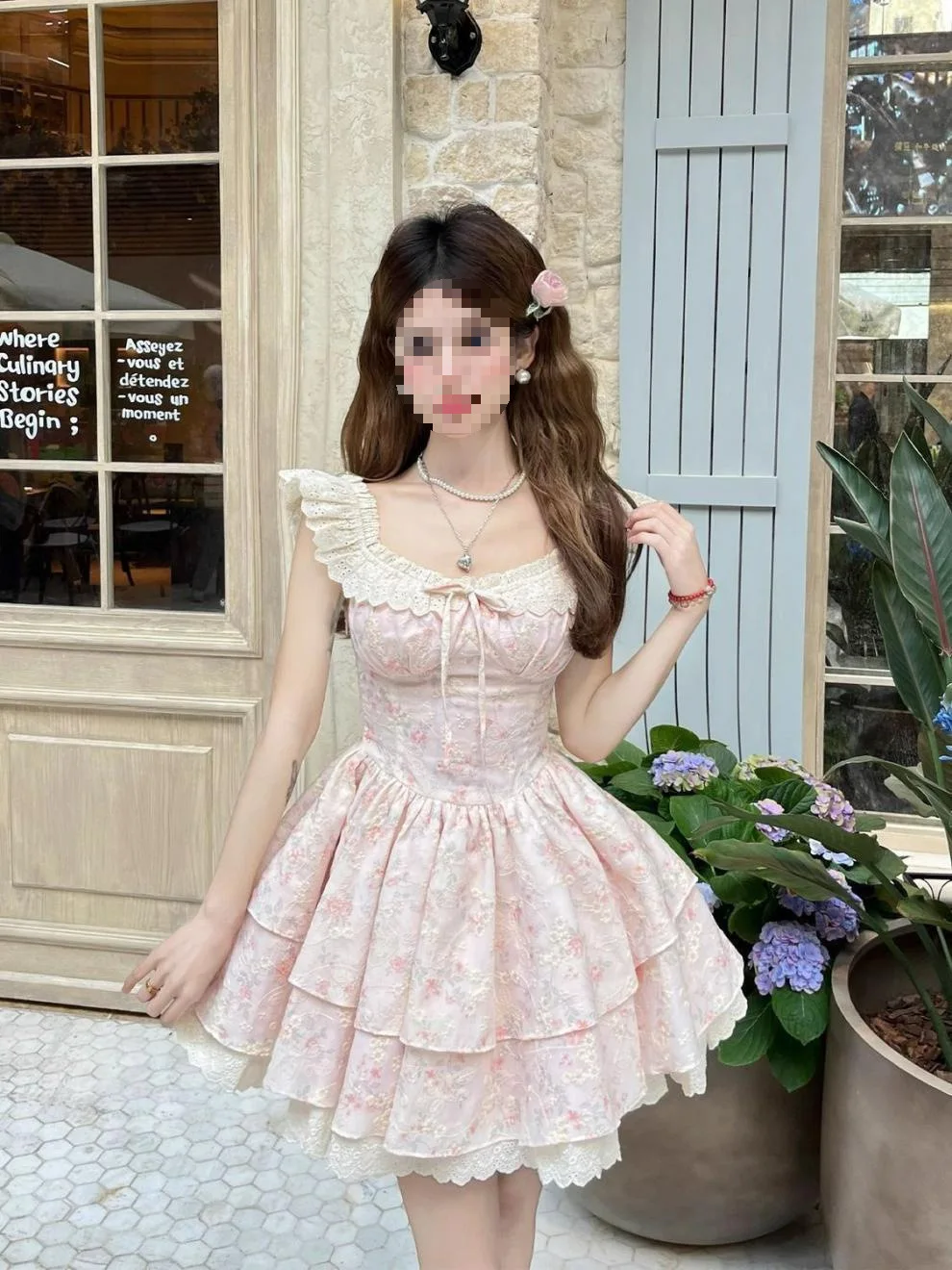 

Summer Sweet Flower Printed Mini Dress Flower Party Item Birthday Bar Evening Dress Forest Girl Casual Lace