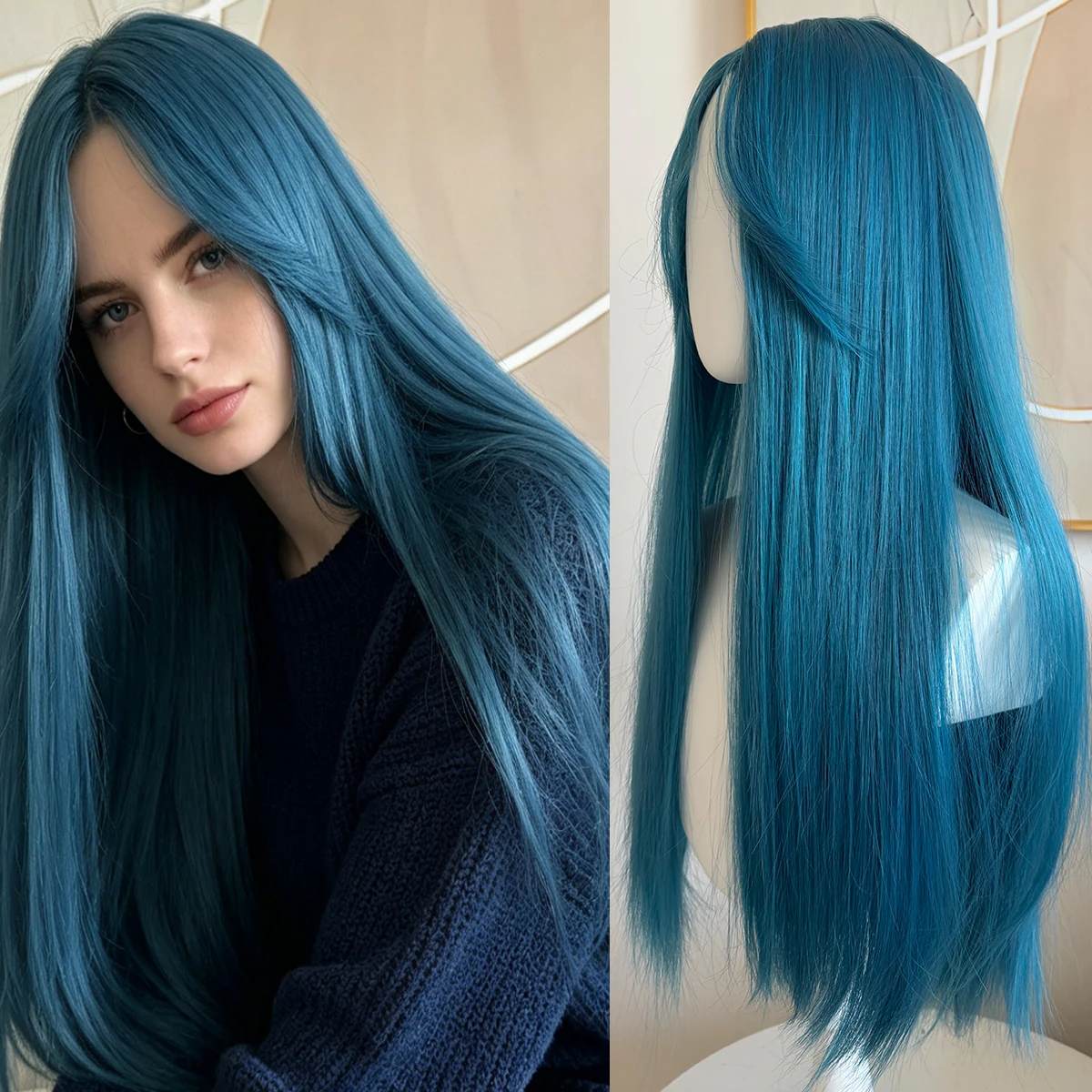 Synthetic lake blue long straight hair wig women's eight-character bangs natural curly heat-resistant wig