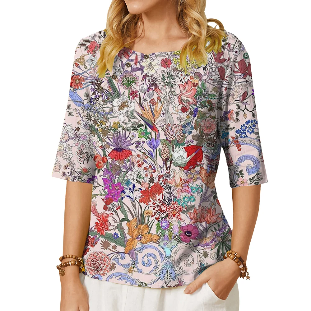 CLOOCL Women Blouses Fantasy Garden 3D Printed Floral Shirt Middle Sleeves Tee with Button Decorate Ladies Elegant Casual Tops