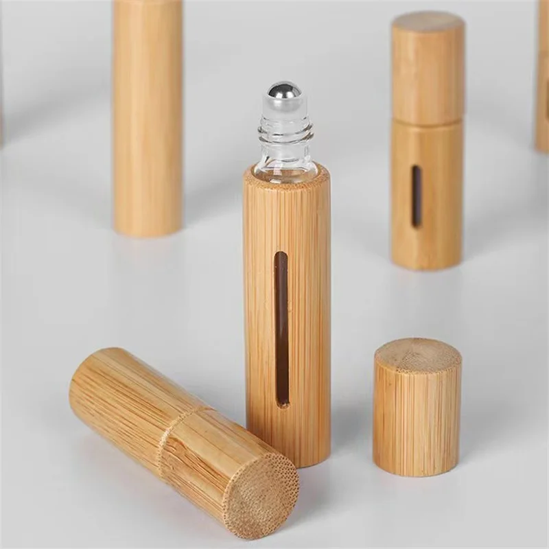 100pcs Bamboo Roll On Bottle 3/5/10ml Wood Roller Bottle Essential Oil Lip Gloss Refillable Tube Empty Jar Glass Bottle Perfume