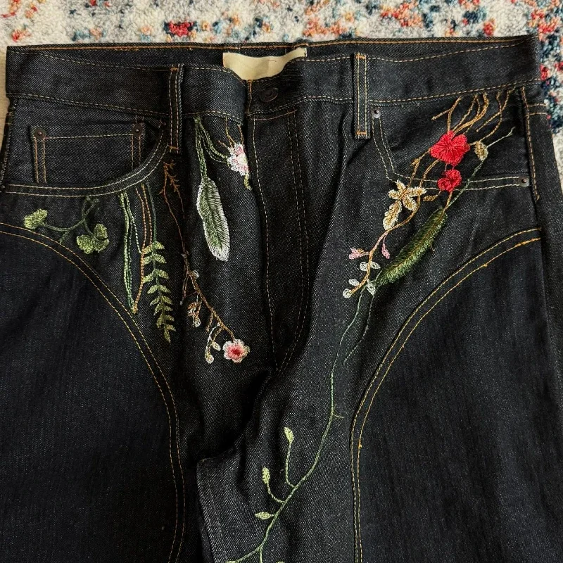 Y2K Blossom Jeans larghi Ricamo floreale alla moda Cuciture aerodinamiche Streetwear unisex Pantaloni oversize stile Harajuku retrò