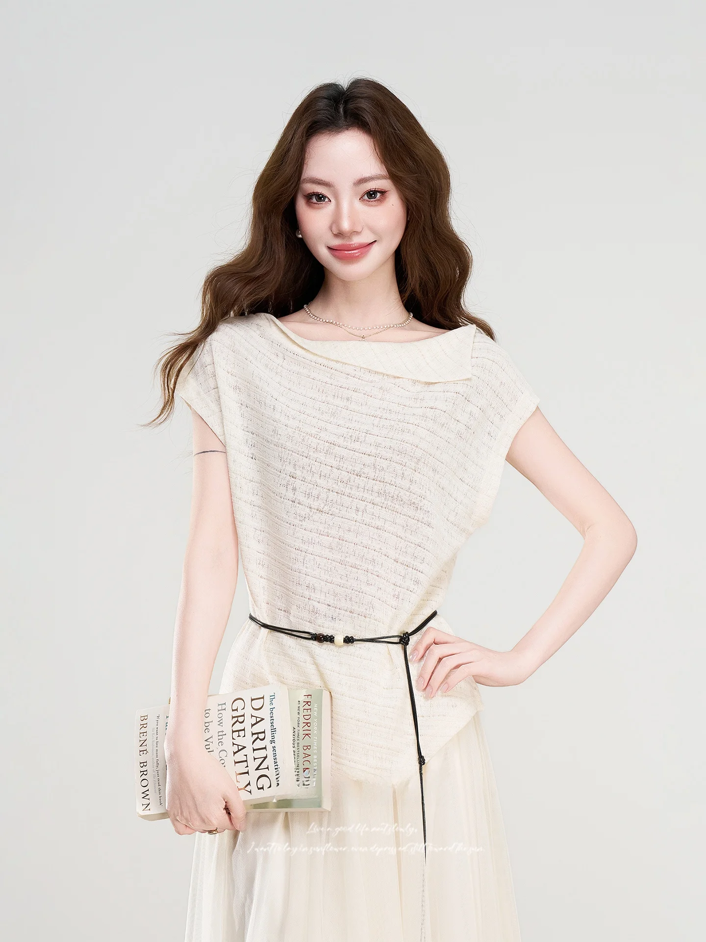 

Korean Style Thin Knitted Top Asymmetrical Short Sleeve Women's Fashion Summer New Loose Fit Soft Fabric Casual round Neck