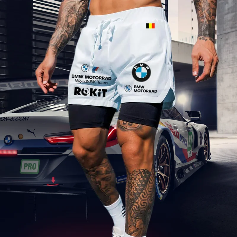 

Мужские быстросохнущие шорты из двух частей BMW 2025 года, новые высококачественные автомобильные брендовые спортивные шорты для фитнеса, удобные повседневные шорты для мото