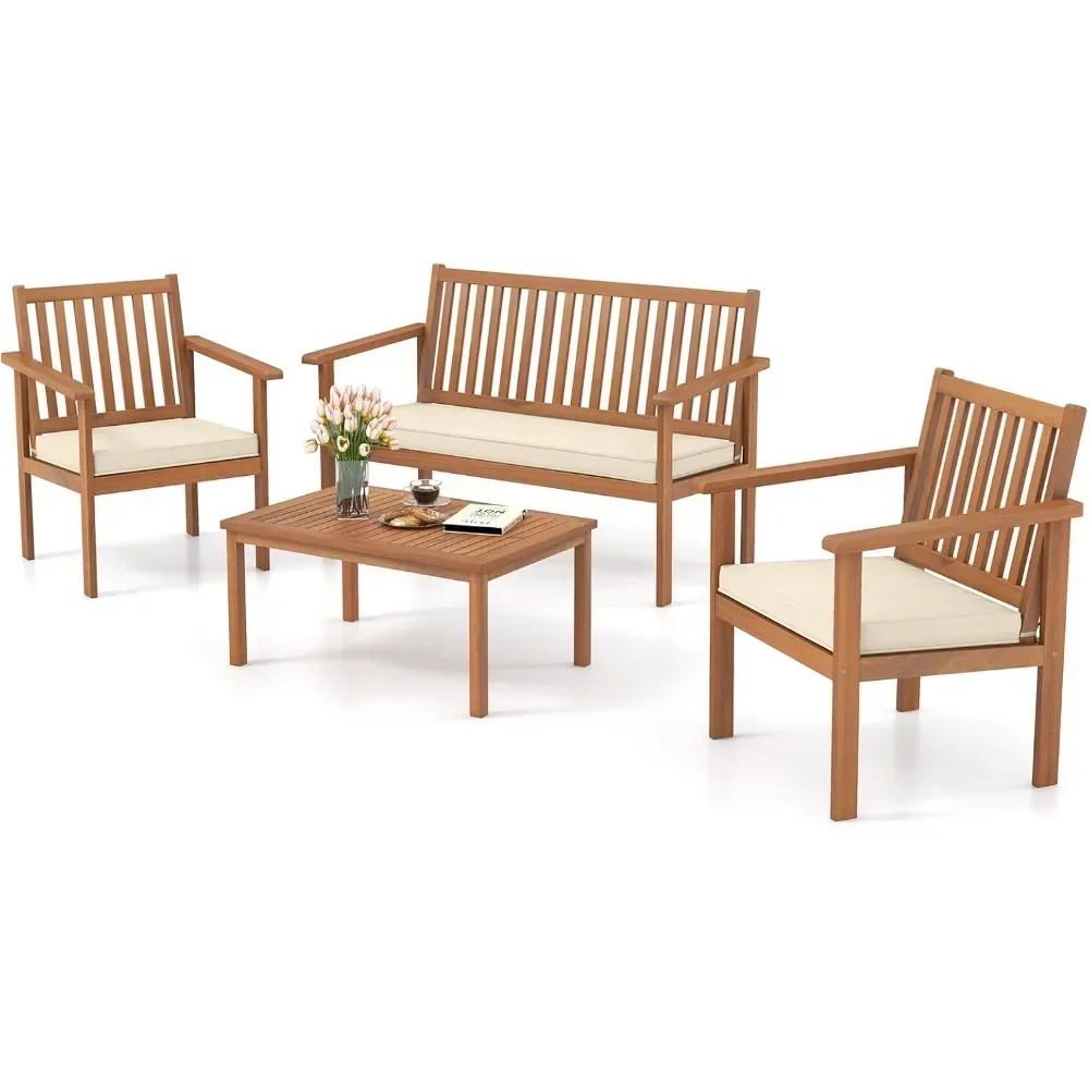 Conjunto de muebles de madera para Patio, Set de sofás de madera de Acacia con Loveseat, 2 sillas y mesa de centro, cojines de asiento suaves, 4 piezas