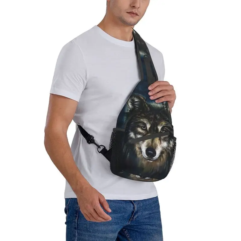 Cool Wolf Face Sling Chest Bag Personalizado Animal Crossbody Ombro Mochila para Homens Viagem Caminhadas Daypack