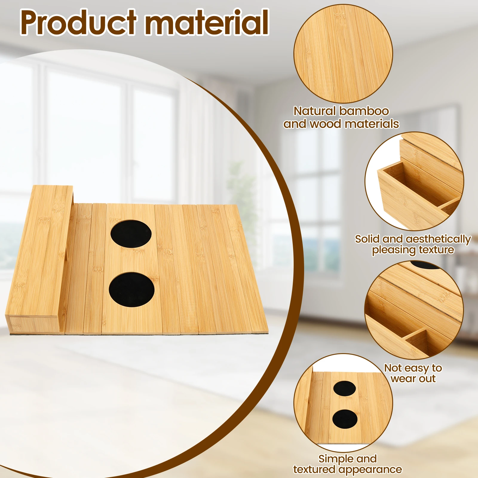 Bamboo Sofa Arm Tray Foldable Couch Cup Holder Anti-Slip for Drinks Snacks Remote Control Magazine Organizer