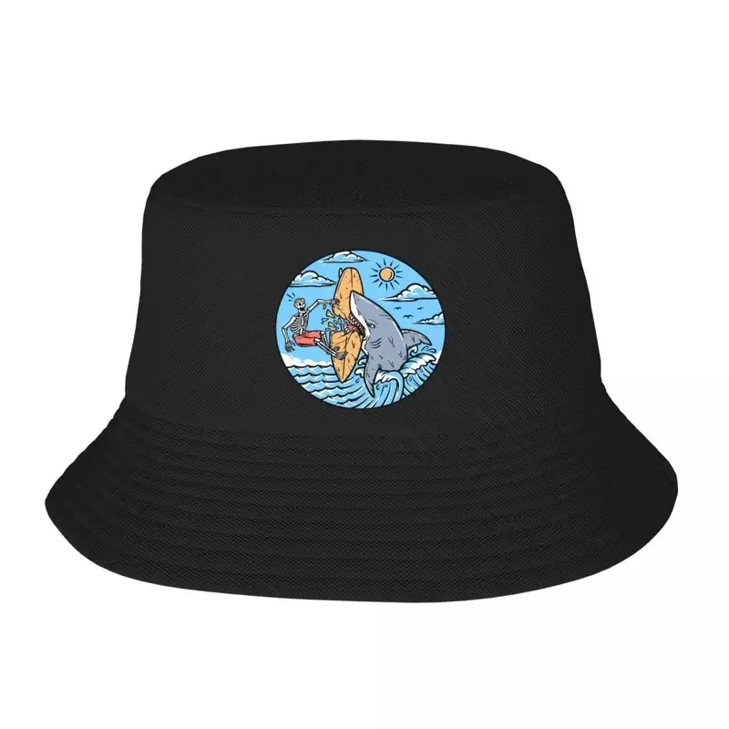 Custom Skull Surfer Attacked By Shark Beach Bucket Hat Women Men Unisex Summer Fisherman's Hat