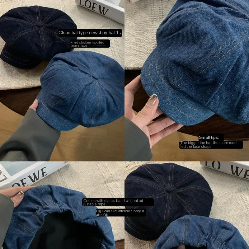 Korean New Denim Beret Women Spring and Autumn Retro Big Head Circumference Cloud Hat Fashion Casual Octagonal Painter Cap