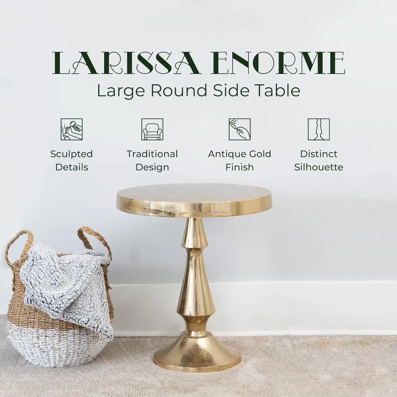 Large Round Metal Side Table, Larissa, Accent, End, Pedestal, Martini, Cocktail and Drink Table for Living Room