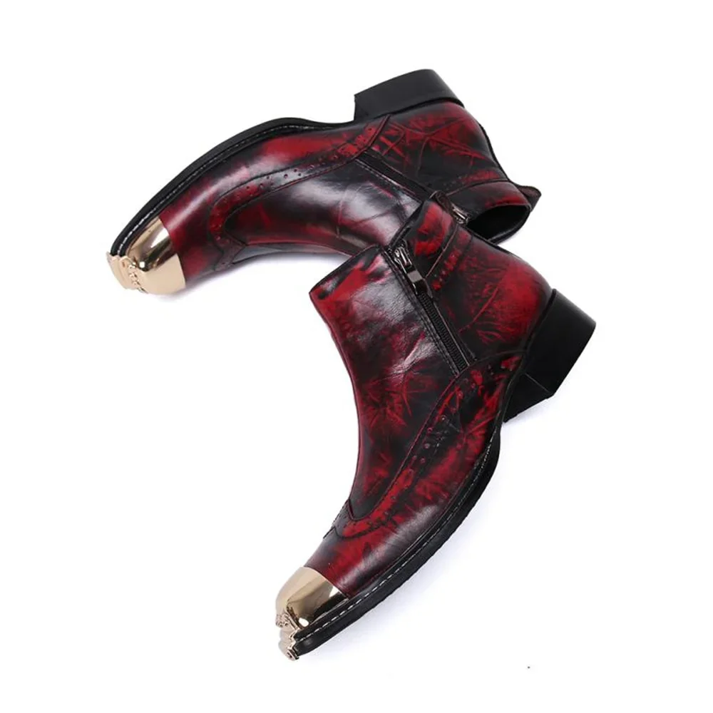 Red Printing Wit Gold Metal Zipper Genuine Leather High Heels Pointed Toe Boots Male Plus Size Fashion Party Wedding Dress Shoes