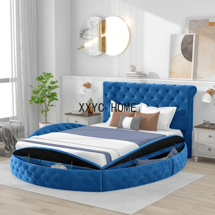 Queen Size Round Shape Upholstery Low Profile Storage Platform Bed with Storage Space on both Sides and Footboard