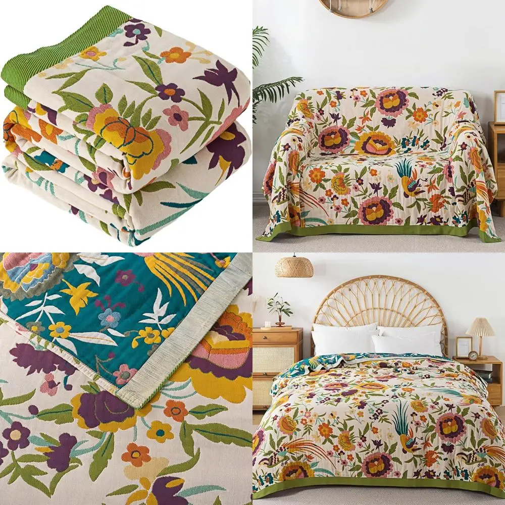

Bohemian Floral Cotton Throw Blanket, Rustic Farmhouse Decor, Soft King Size Bedspread for Fall