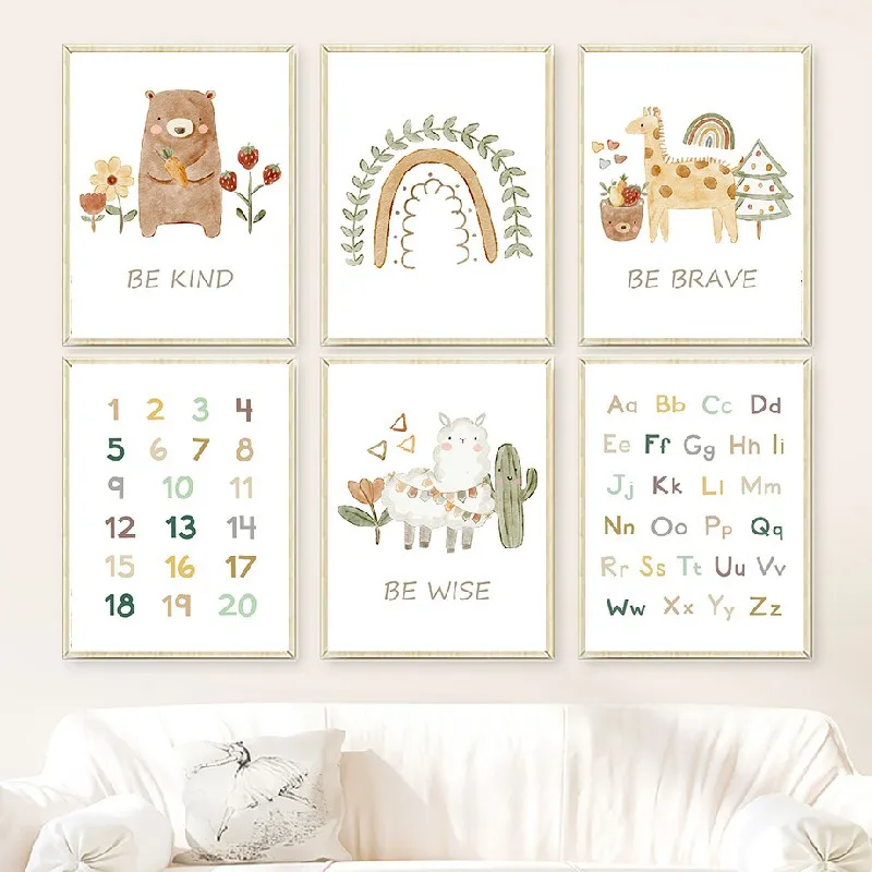 

Boho Alpaca Bear Duck Giraffe Rainbow Alphabet Nursery Wall Art Canvas Painting Posters And Prints Wall Pictures Kids Room Deco