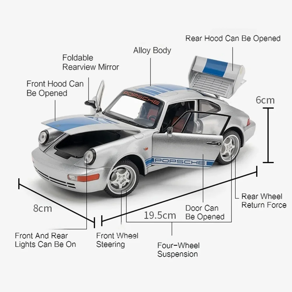 1/24 مقياس بورش 964 سبيكة لعبة دييكاست سيارات نموذج المطاط الإطارات عجلة التراجع 4 أبواب مفتوحة سيارة مصغرة لعب الأطفال