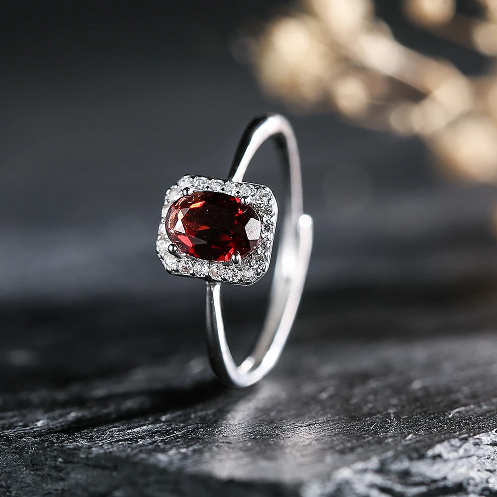 

Natural Garnet Ring Solid S925 Silver Adjustable Bands 7x5mm Geometric Oval Red Gems Birthstone Jewelry Promise Statement Gift