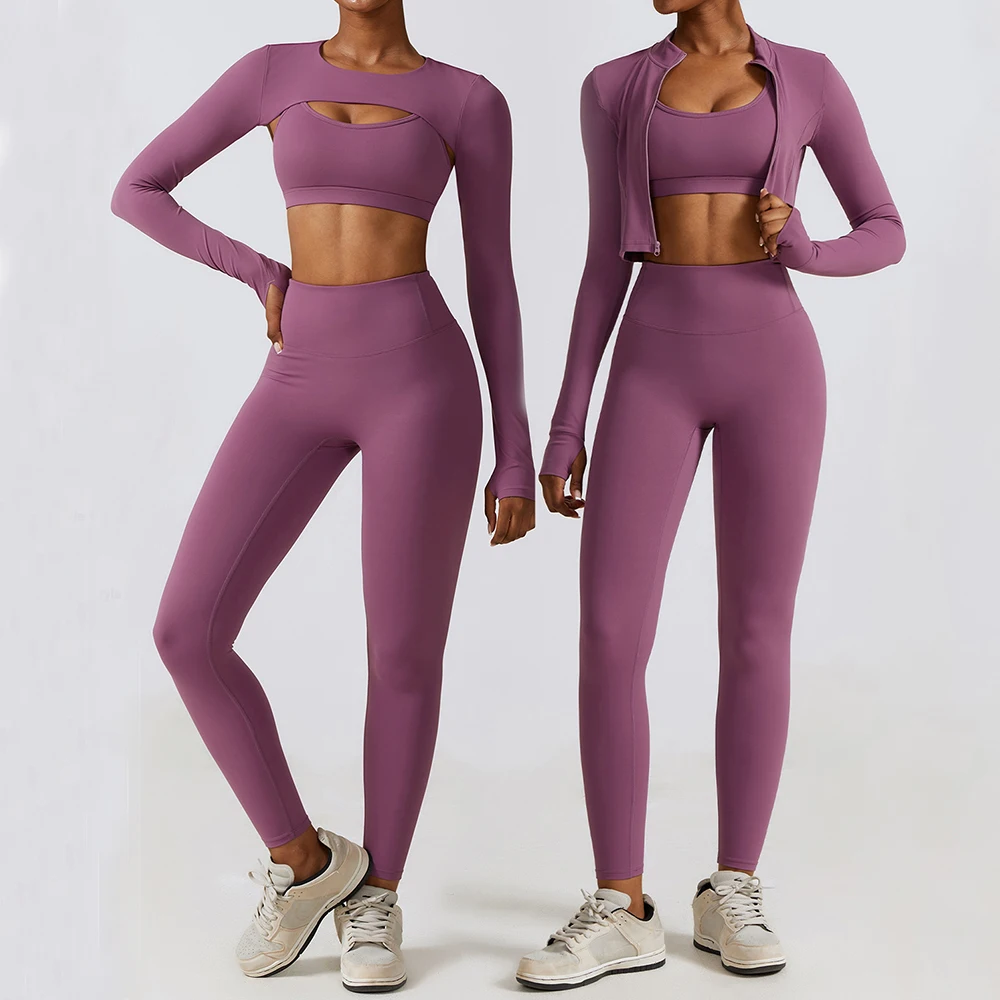 Yoga Clothes 2/3 Piece Gym Set Sports Suits Women Sport Bra Long Sleeve Top High Waist Leggings Fitness Suit Workout Tracksuit