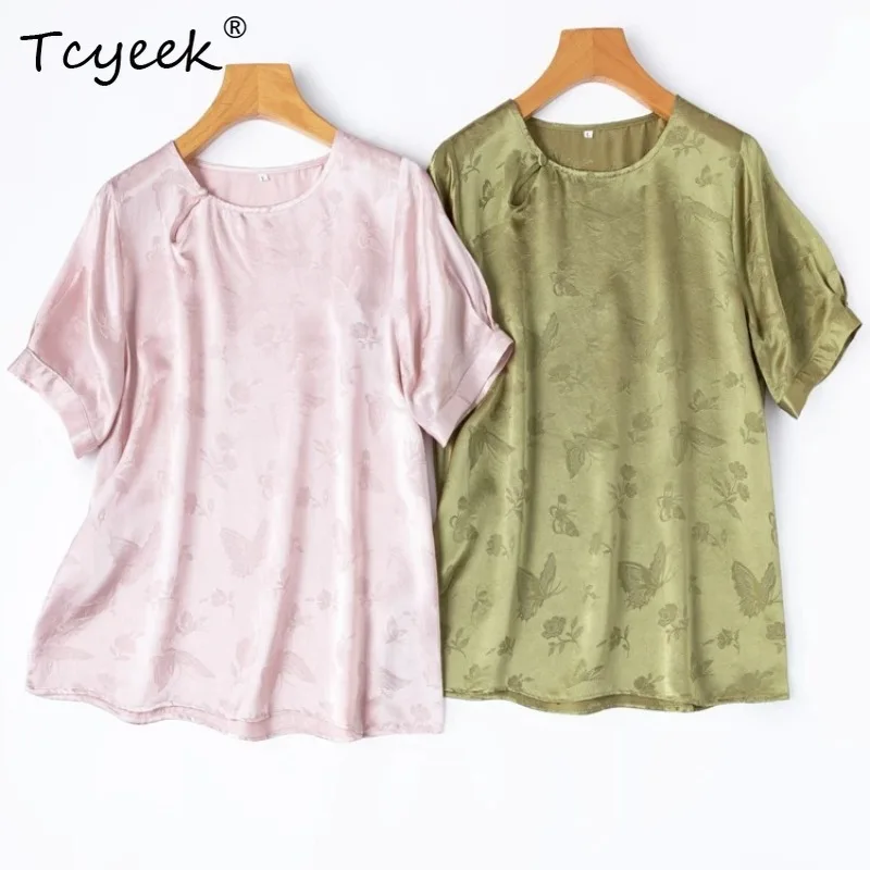 Tcyeek 100% Real Silk T-shirt Fashion Womens Tops 2026 Summer Clothes Lantern Short Sleeve Top Woman Clothing Топ Женский