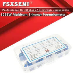 Potenciômetro de trimímetros de multivolta, usado = 50 peças, 3296w, resistor variável 3296 r 1k 2k 5k 10k 20k 50k 100k 200k 1m + caixa