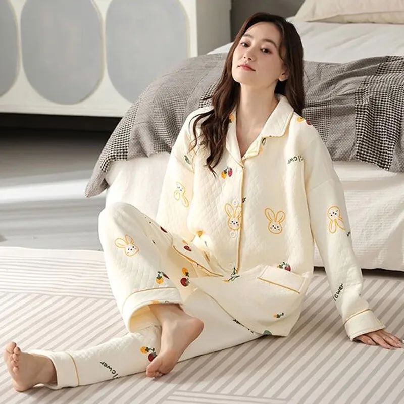 Autumn and winter New Air Cotton Pajamas Woman Thickened Sandwich Cotton Warm Pajamas Set Maternity Clothes Pregnant Women