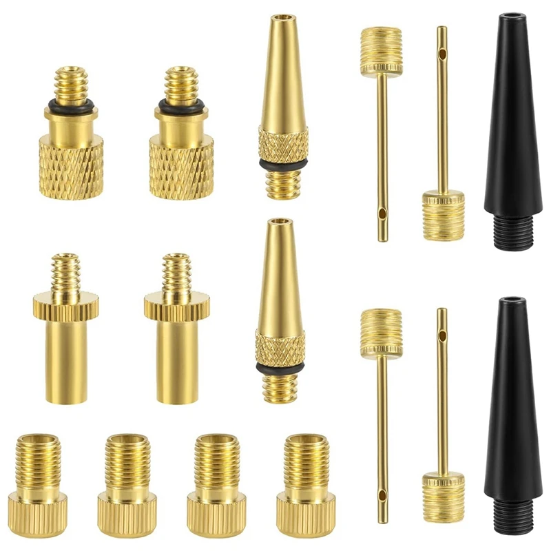 16Pcs Bicycle Valve Adapter Set, Brass Tire Valve Adapter Ball-Pump Needle FV/AV AV/EV EV/FV Adapter Inflatable Nozzles