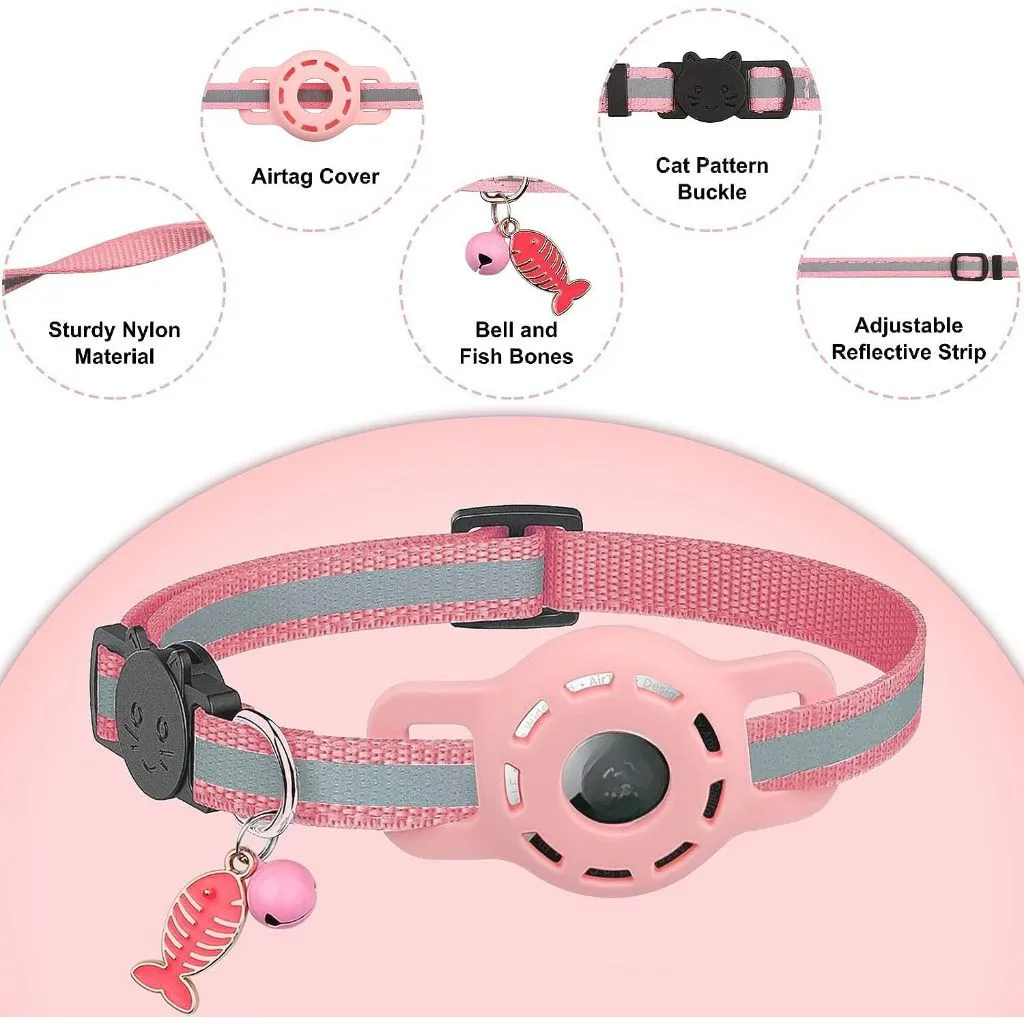 อุปกรณ์เสริมปลอกคอ Airtag Cat, ปลอกคอสะท้อนแสงแบบปรับได้พร้อมกระดิ่ง, ป้องกันการสําลักและหัวเข็มขัดนิรภัย, เข้ากันได้กับ Apple Airtag