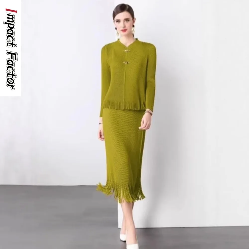 

Miyake Design Sense Tassel Fashion Suit Women's Clothing Hot Sale Medium and Long Hip Skirt Pleated Temperament Two-piece Set