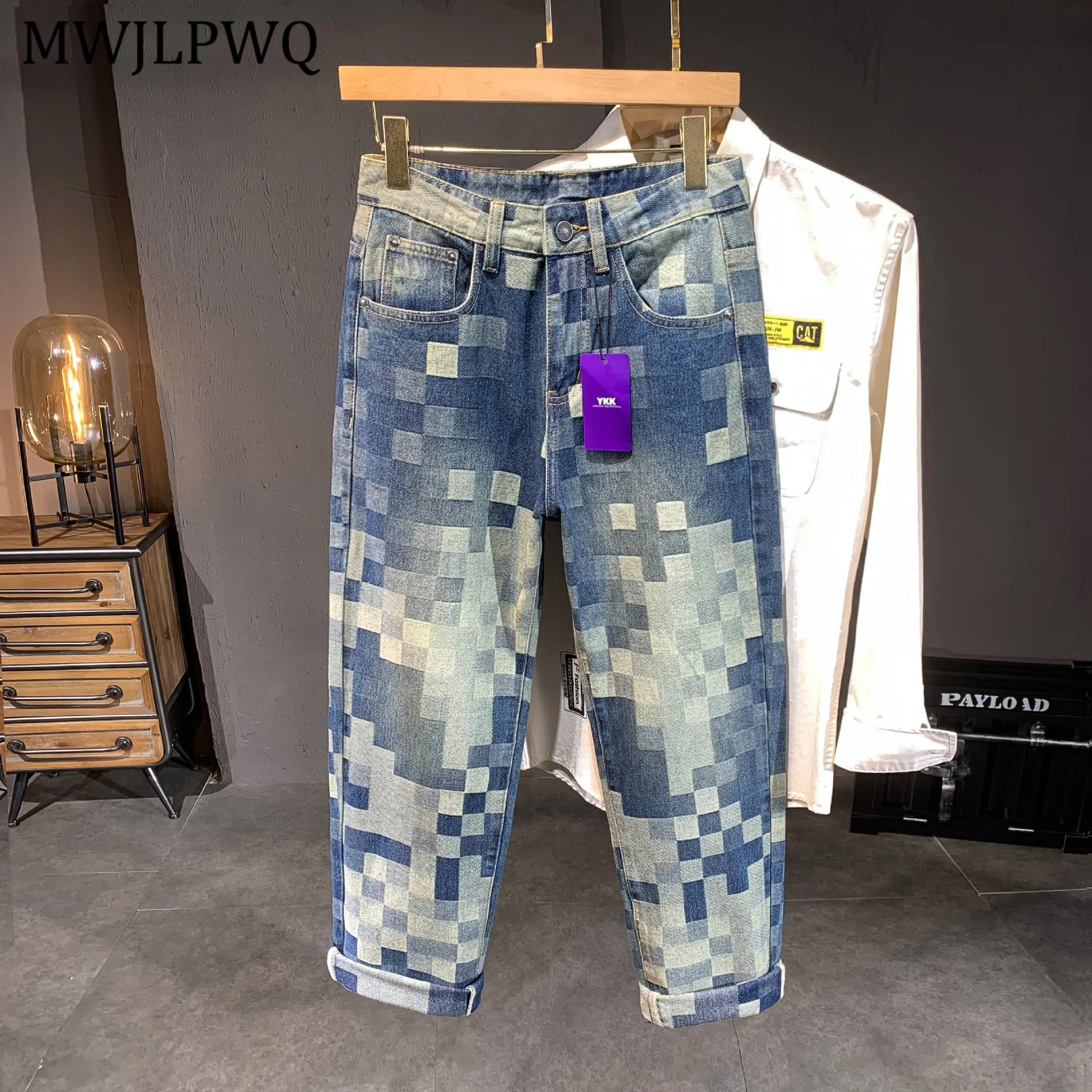 

MWJLPWQ Vintage Plaid Design Jeans Men's American High Street Loose Straight Casual Pants Male Fashion Autumn New Trousers 11419