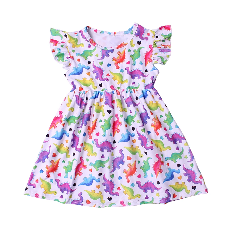 New Arrivals Baby Girls Summer Colorful Dinosaur Print Dress Milksilk Dinosaur World Short Sleeve Clothing Kids Boutique Wear