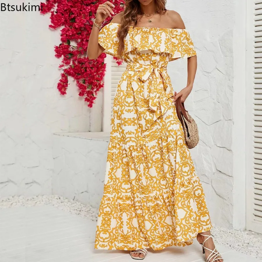 

Summer Fashion Short-sleeved Printing Maxi Dress for Women Sexy Slash Neck Off Shoulder Long Dresses Ruffle Elegant Women Dress