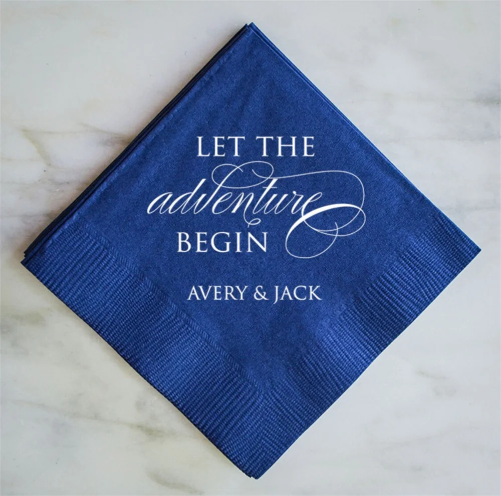 

50PCS Let the Adventure Begin Personalized Napkins, Wedding Napkins, Custom Printed Napkins, Wedding Reception Napkins, Cake