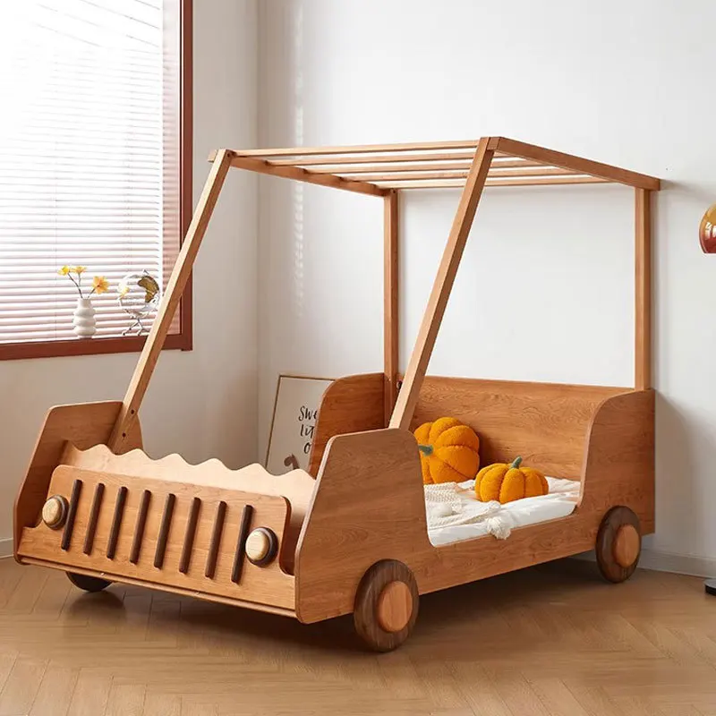 Tempat tidur anak model mobil sport kartun, tempat tidur anak kayu solid dengan pagar