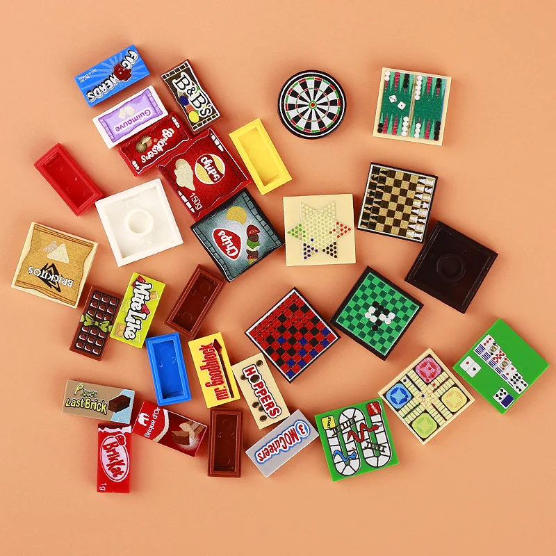 MOC Figures Printed Accessories City Building Blocks Food Dessert Chocolate Crisps Potato Chips Game Board Toys For Kids Gifts