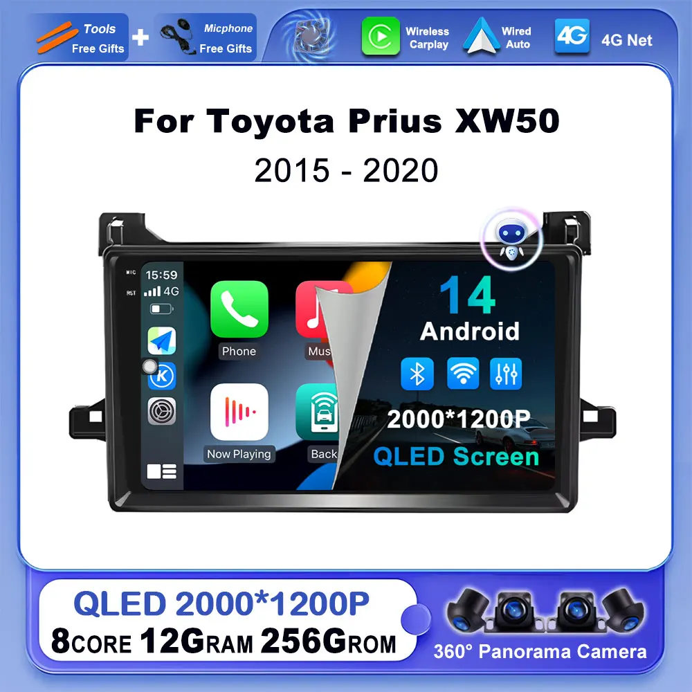 Wireless CarPlay Android 14 For Toyota Prius XW50 2015 2016 2017 2018 2019 2020 Car Radio Multimedia Navigation GPS 4G WIFI QLED