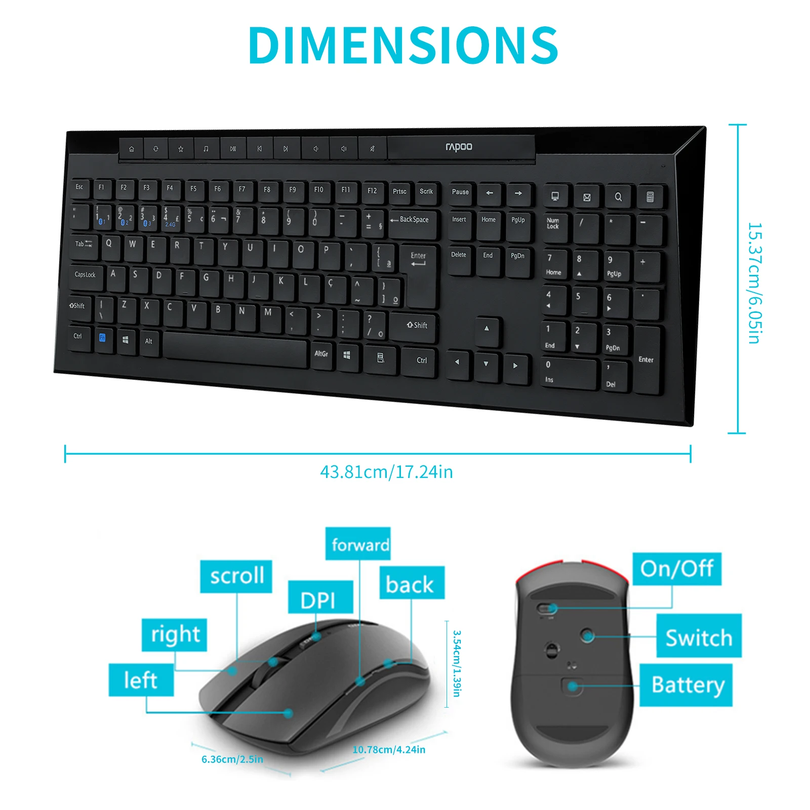 Rapoo-Kit clavier et souris sans fil Bluetooth 8210M, multimode, ABNT2, disposition portugaise et brésilienne, document noir avec limitation prédire