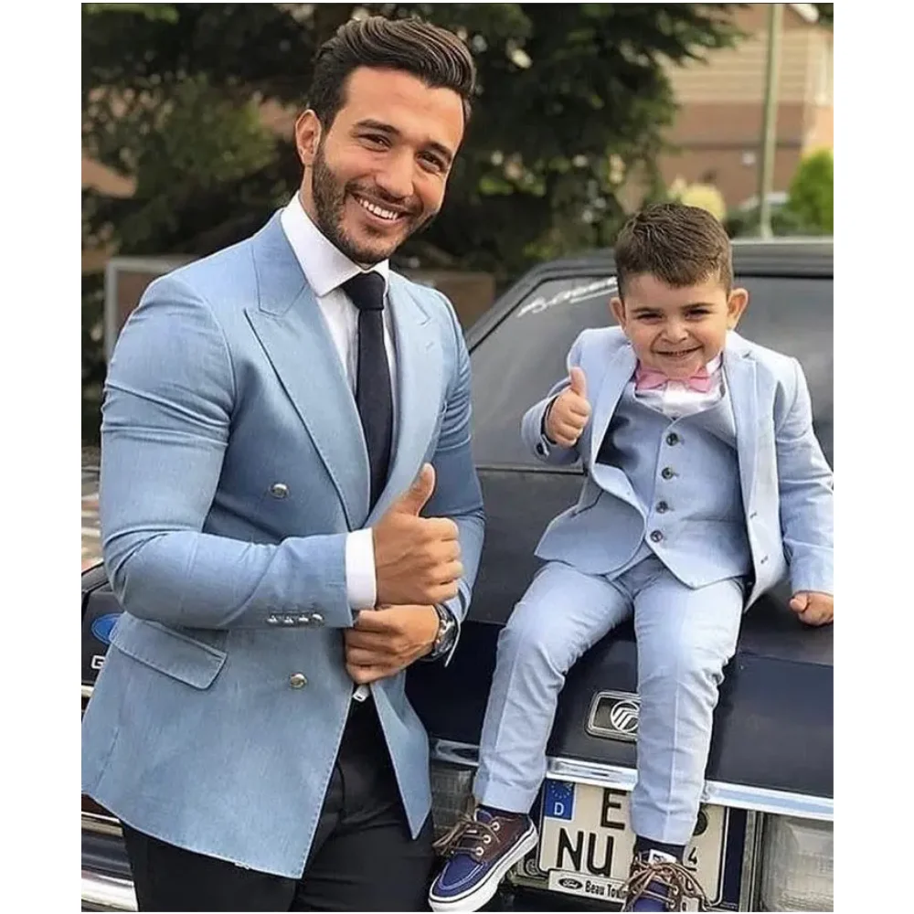 

Blue Father and Son Suits Groom Tuxedos Best Man Groomsman Men Wedding Suits Bridegroom Custom Made