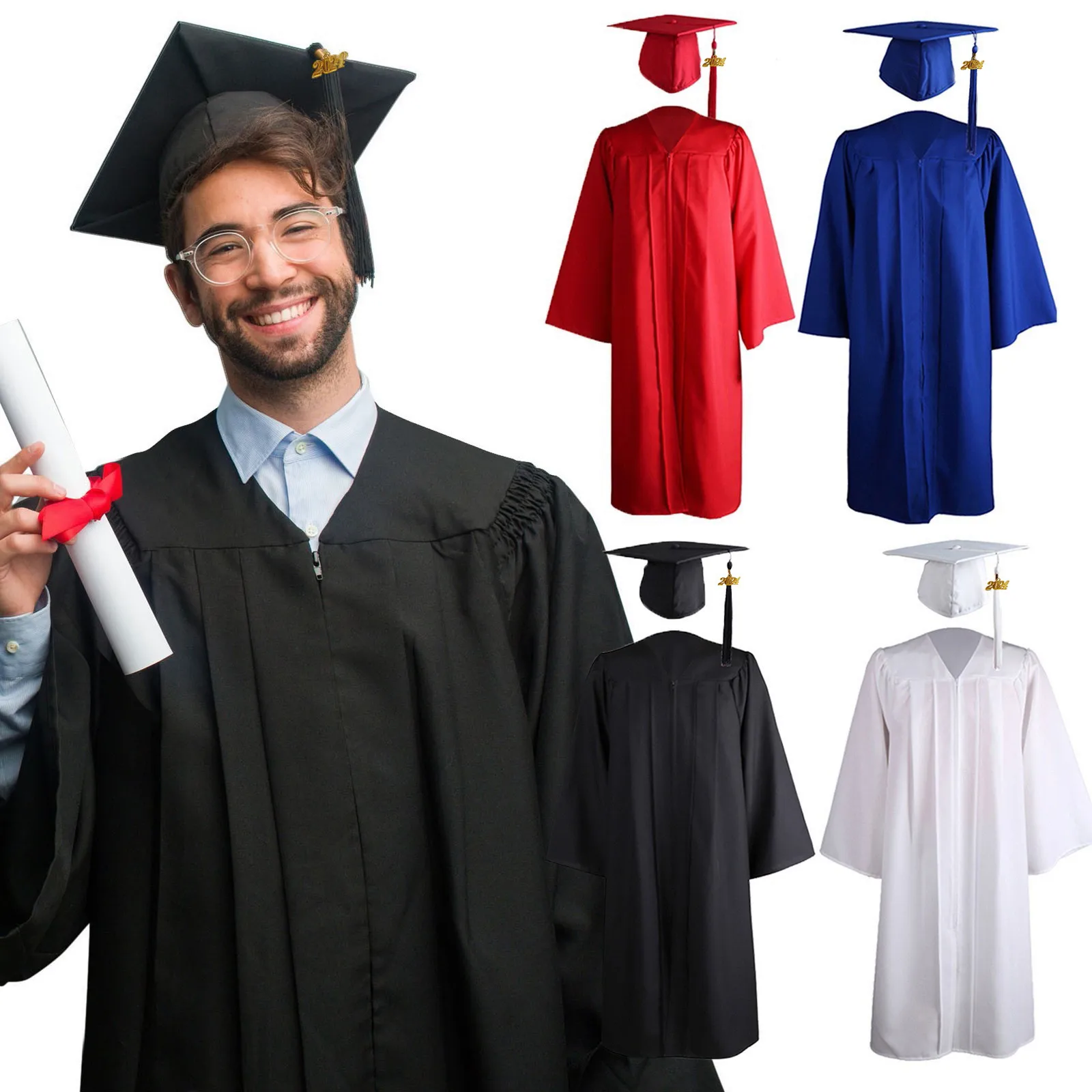 1 Set Pretty Academic Gown Solid Color Academic Costume V Neck 2024 Men Women Students Graduation Costume Photo Props