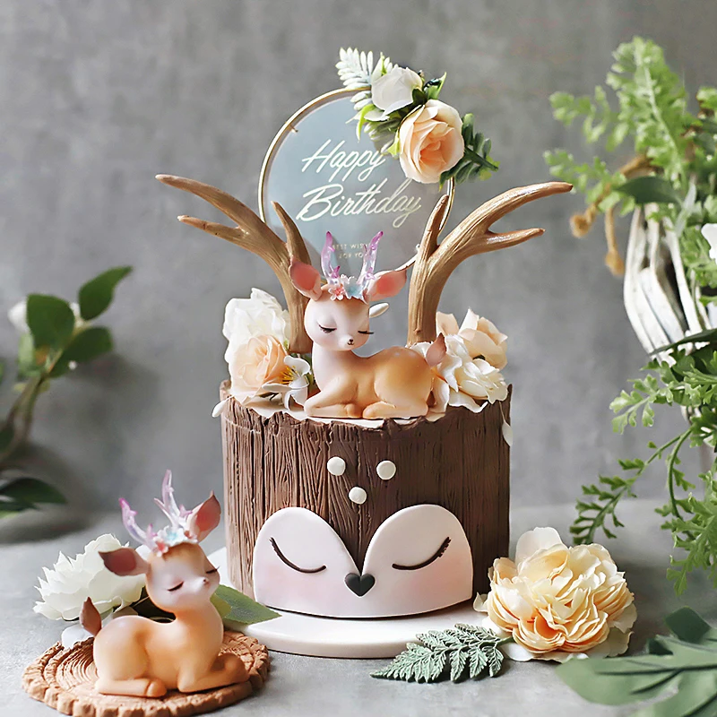 Deer Baby Birthday Cake Topper Acrylic Flowers for Kids Children Girls Little Gifts Cake Decorating Cupcake Animal Toppers