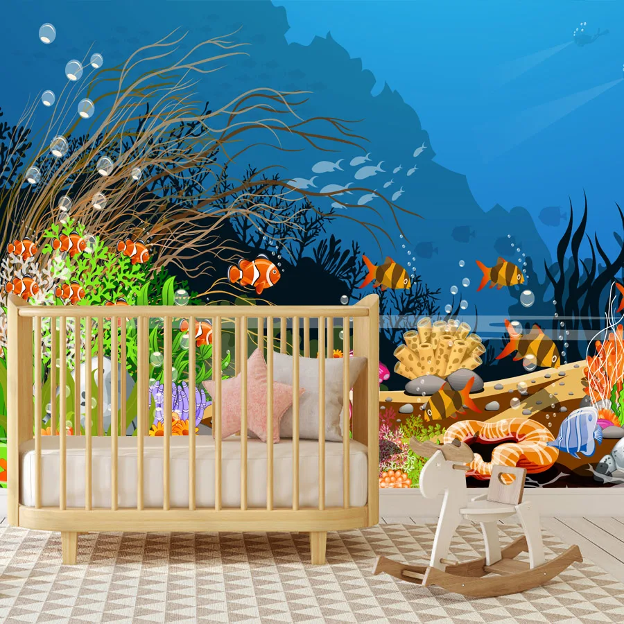 Self Adhesive Optional, 17+ Cartoon Underwater Tropical Fish Wallpaper for Living Room Nursery Baby Kids Bedroom Art Mural Decor