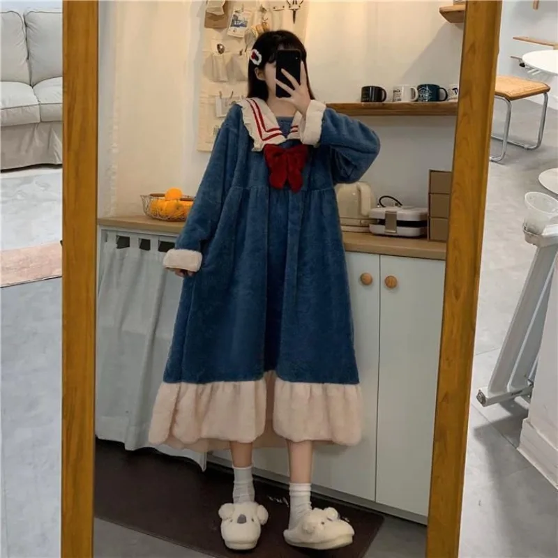 Sailor Collar Nightgown Sleepwear Womens Fleece Night Dress Winter One Piece Pajamas Korean Style Bow Knee Length Home Wear 2023