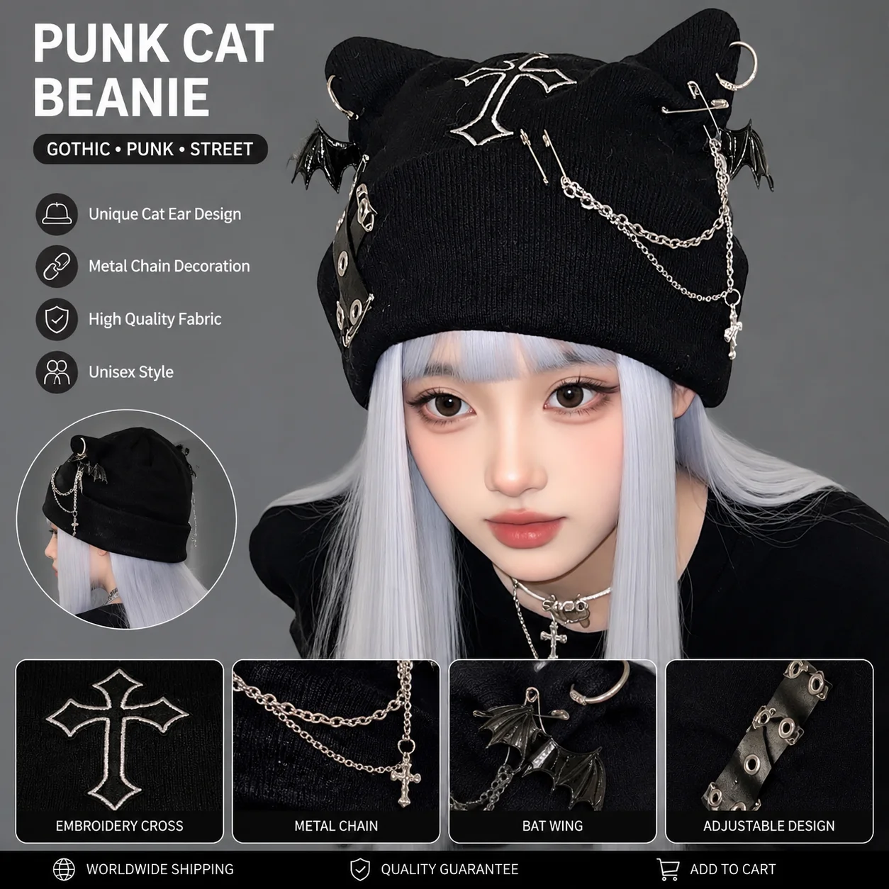 

Subculture Punk Cat-Ear Cross Chain Knitted Beanie Fashion Street-Style Winter Hat Unisex Warm Knit Cap