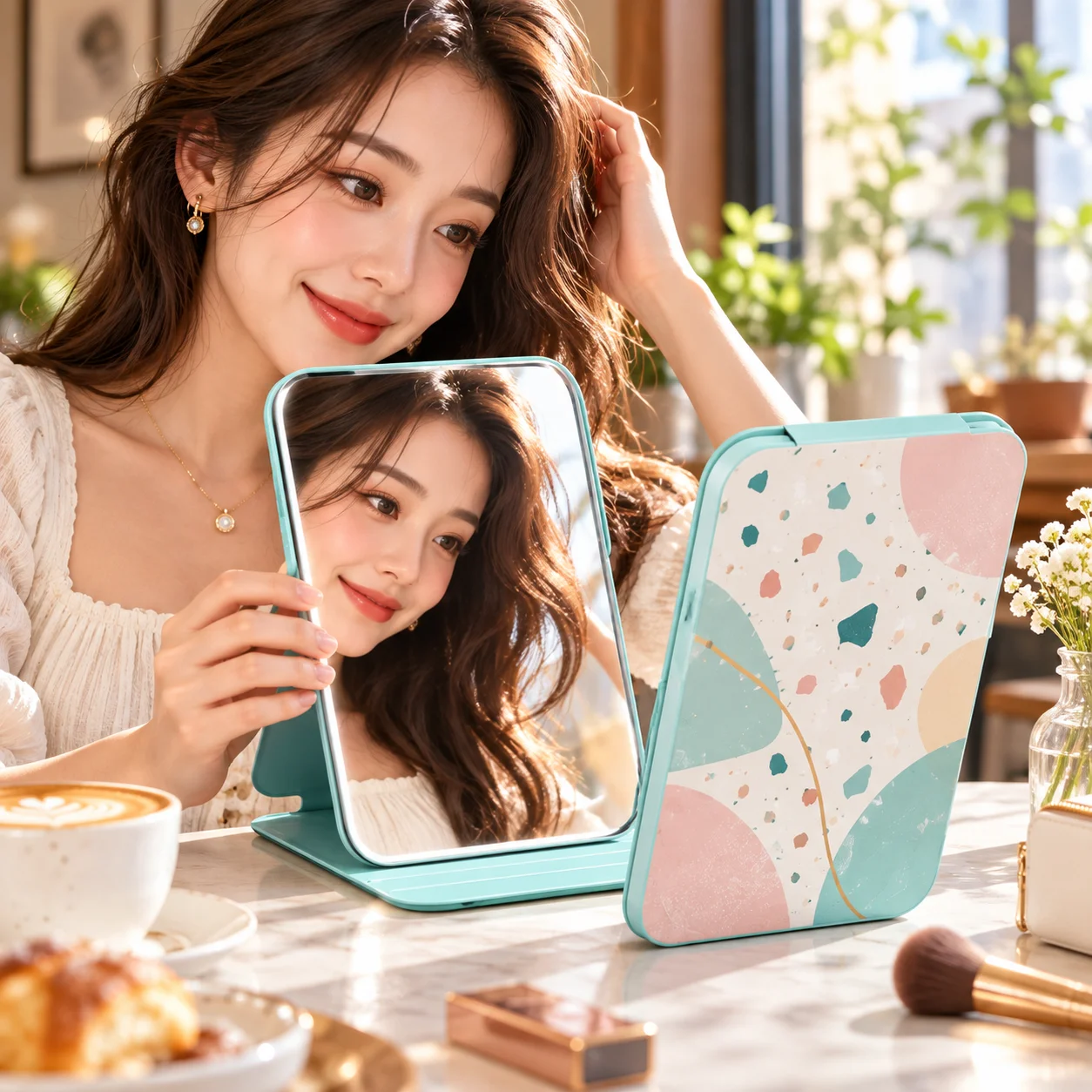 Customizable photo/DIY pattern compact makeup mirror—a simple, foldable, flip-style mirror for your purse; made of lightweight p