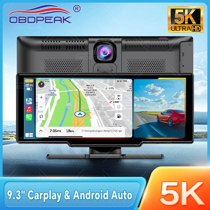 

5K Ultra HD Dash cam 9.3 Inch Wireless CarPlay & Android Auto Dual Lens GPS Navigator 5G WIFI Rearview Camera Video Recorder