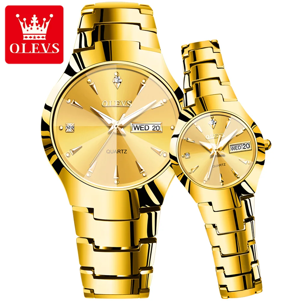 Olevs Gold Paar Horloge Mode Wolfraam Stalen Quartz Horloges Voor Dames Ten Merk Luxe Week Kalender Liefhebbers Polshorloge