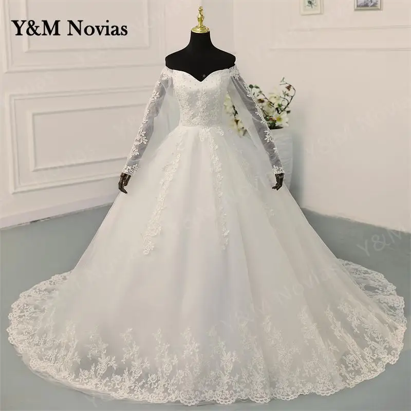 Y & M Novias Off spalla Plus Size Vestido De Noiva 2023 abito da sposa con manica bianco puro avorio pizzo Appliqes perle da sposa