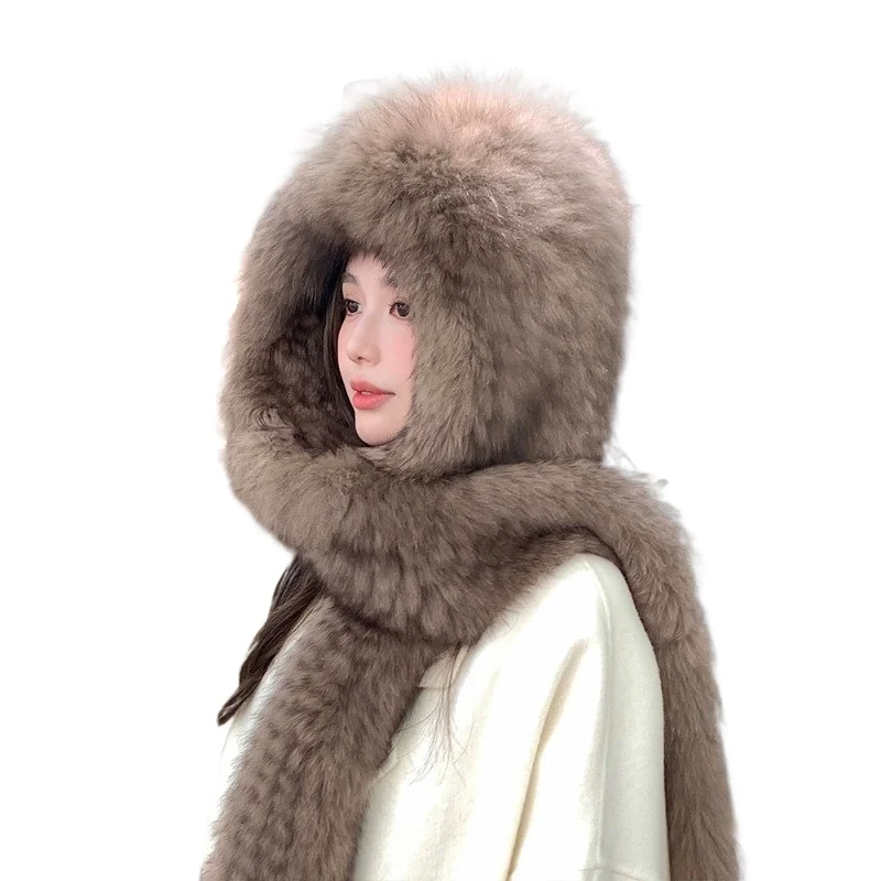 Premium fox hair hat, scarf, integrated snow hat, women's autumn and winter warm double-sided thickened plush ear protection hat