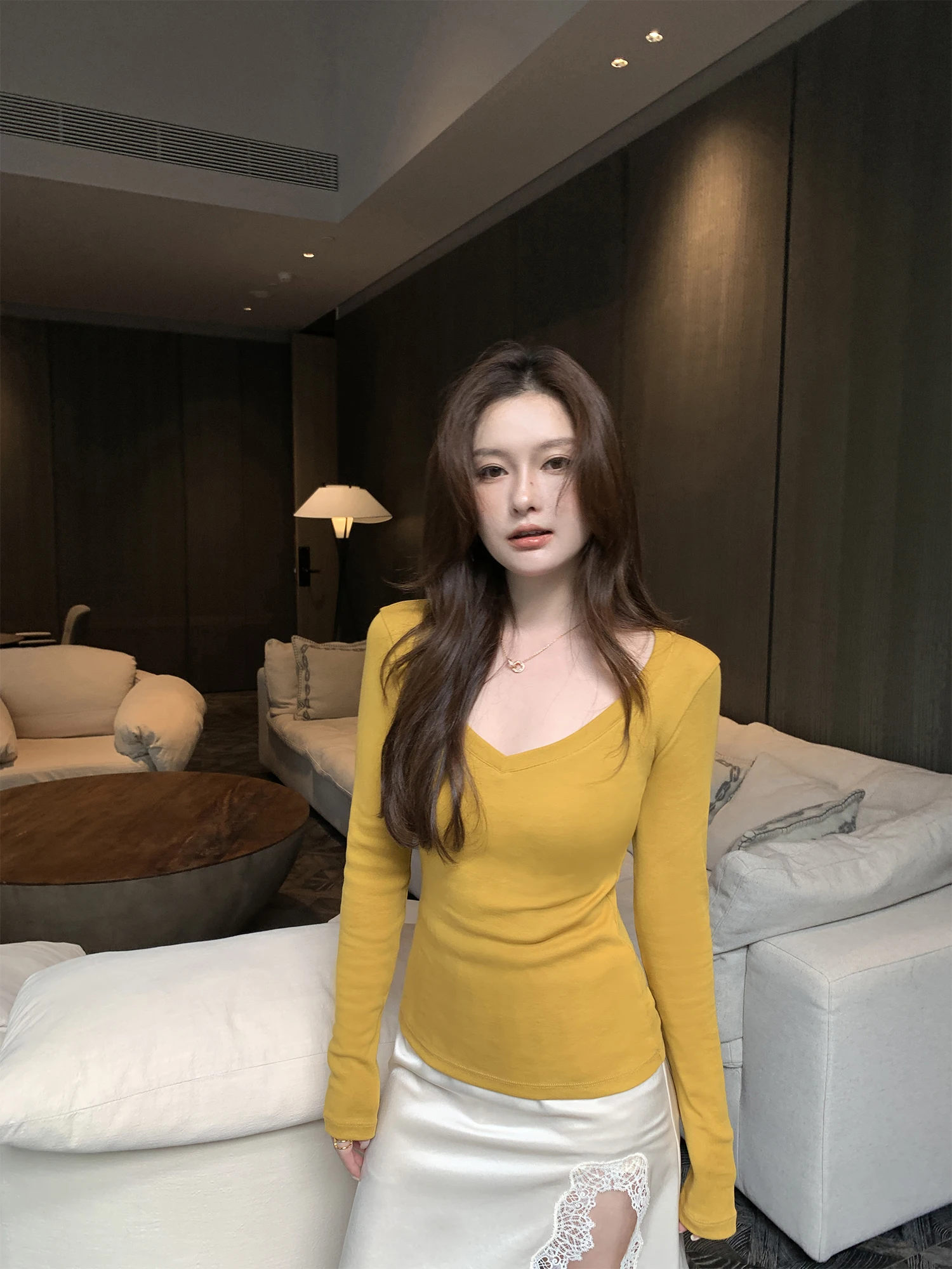 Pusumede Casual Long Sleeve V-Neck Women's T-shirt Slim Fit Base Layer Shirt Leisure Inner Wear Top Comfortable Rylee Fiber B...