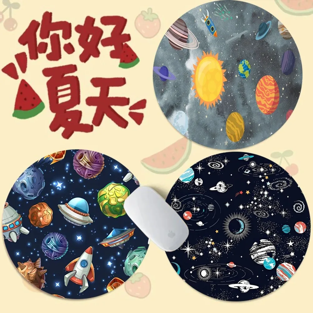 Outer Space Planet Stars Moon Spaceship Animation Round Office Computer Desk Mat Table Mouse Pad Laptop Cushion Non-slip for PC